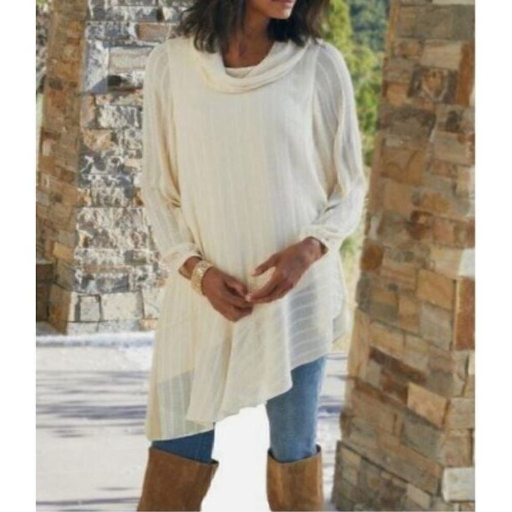 Soft Surroundings Top Womens 1X Ivory Neopolitan Striped Cowl Neck Tunic Boho